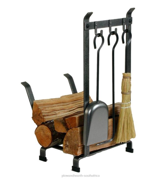 Accessories Plow & Hearth American-Made Hammered Steel Country Home Log Rack With Set Of 3 Fireplace Tools NFLB2736