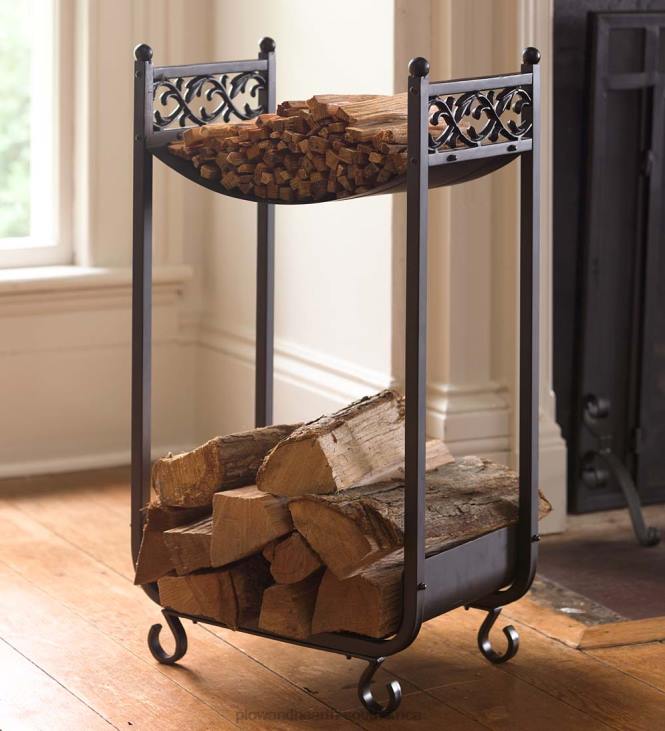 Accessories Plow & Hearth Compact Log Rack, Cast Iron with Scrollwork Design - Black NFLB2961