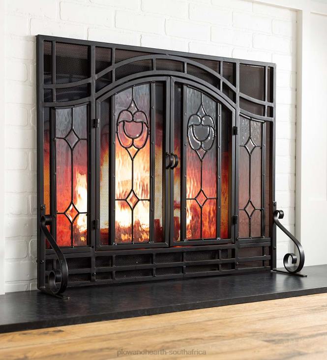 Fireplace Plow & Hearth Two-Door Fireplace Screen with Glass Floral Panels NFLB2876