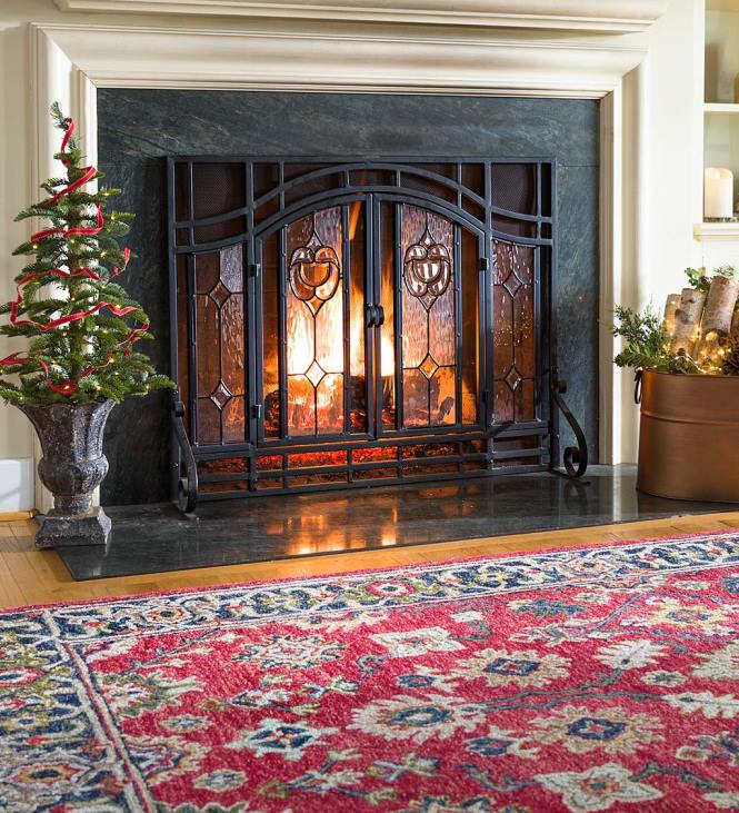 Fireplace Plow & Hearth Two-Door Fireplace Screen with Glass Floral Panels NFLB2876