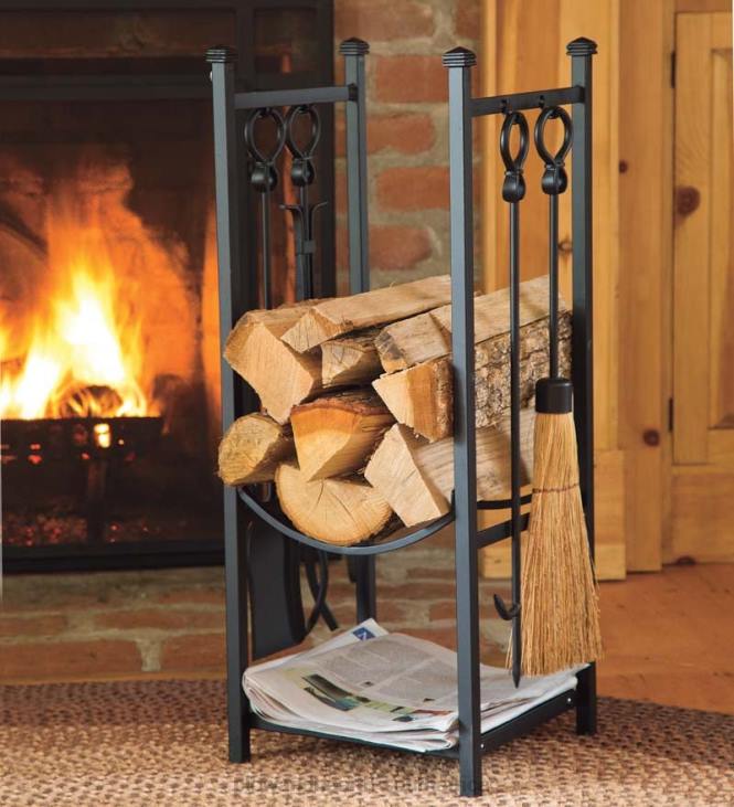 Fireplace Plow & Hearth Wood Rack With Fireplace Tools - Black NFLB2721