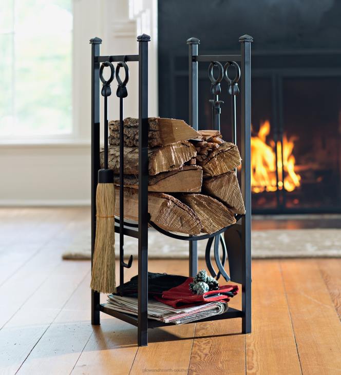 Fireplace Plow & Hearth Wood Rack With Fireplace Tools - Black NFLB2721
