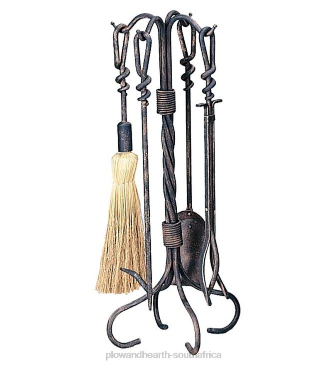 Fireplace Plow & Hearth Wrought Iron 5-Piece Fireplace Tool Set with Twist Handles In Antique Rust Finish - Rust NFLB2752