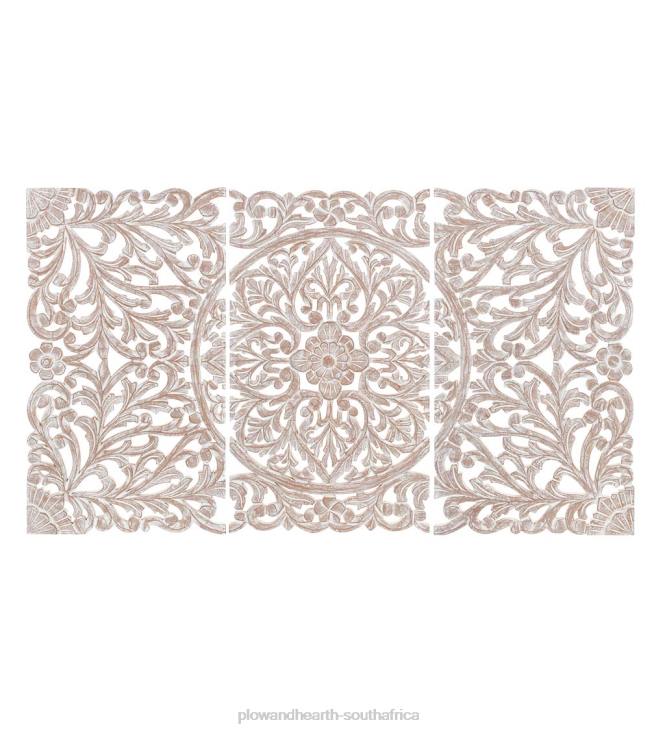 Furniture Plow & Hearth Three Panel White Washed Floral Wall Art NFLB2134