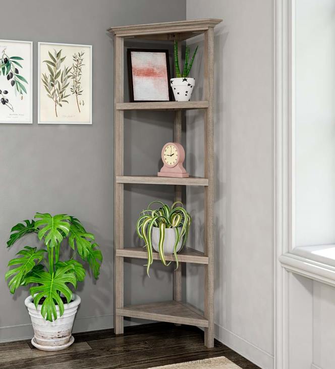 Furniture Plow & Hearth Farmhouse Four-Shelf Corner Bookcase - Washed Gray NFLB2100