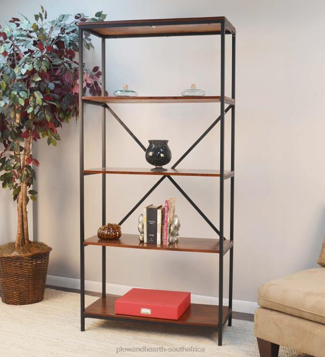Furniture Plow & Hearth 72 -High Five-Shelf Wood and Metal Bookcase - Chestnut NFLB2113