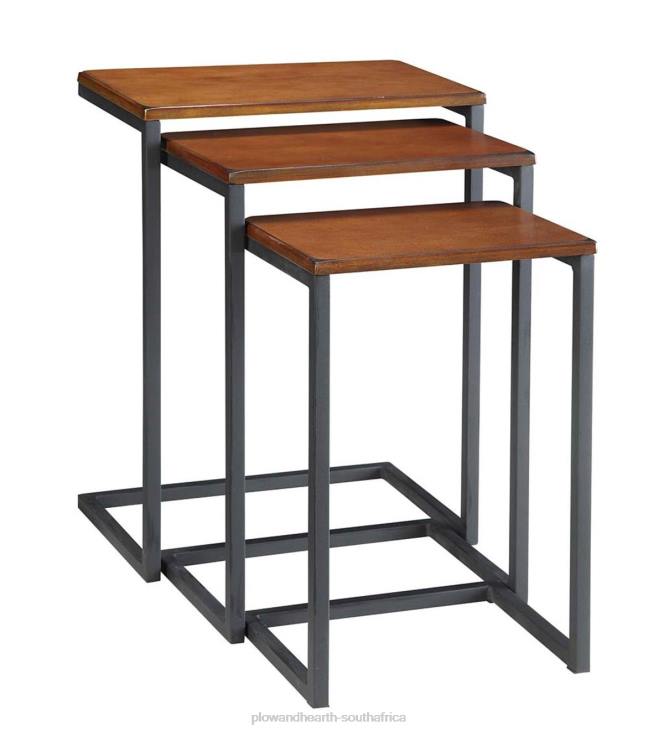 Furniture Plow & Hearth 3-Piece Industrial Style Rectangular Metal and Wood Nesting Tables - Chestnut NFLB1980