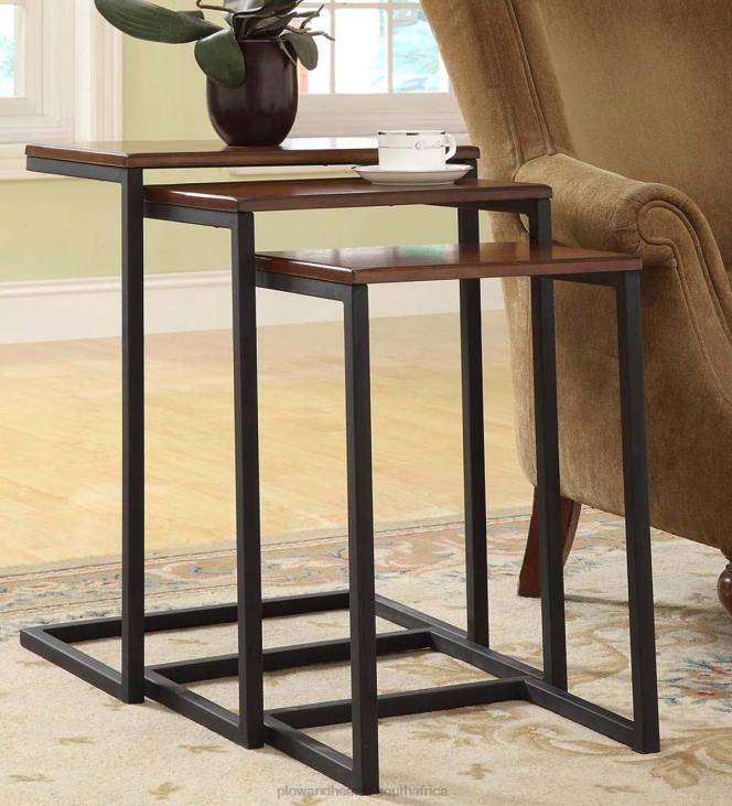 Furniture Plow & Hearth 3-Piece Industrial Style Rectangular Metal and Wood Nesting Tables - Chestnut NFLB1980
