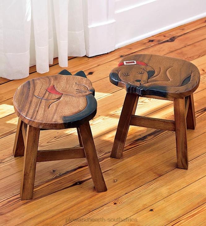 Furniture Plow & Hearth Carved Acacia Pet Footstool - Cat NFLB2093