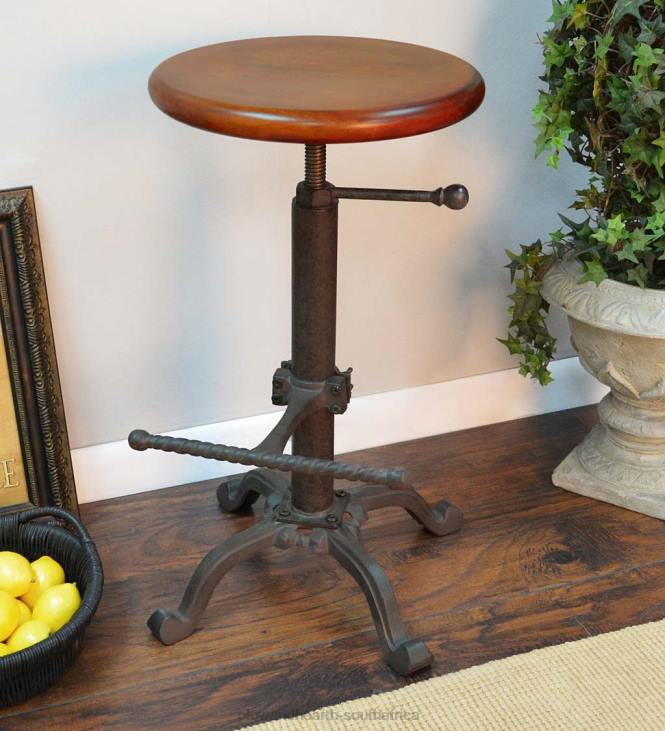 Furniture Plow & Hearth Industrial-Style Adjustable-Height Wood and Metal Stool - Chestnut NFLB2044