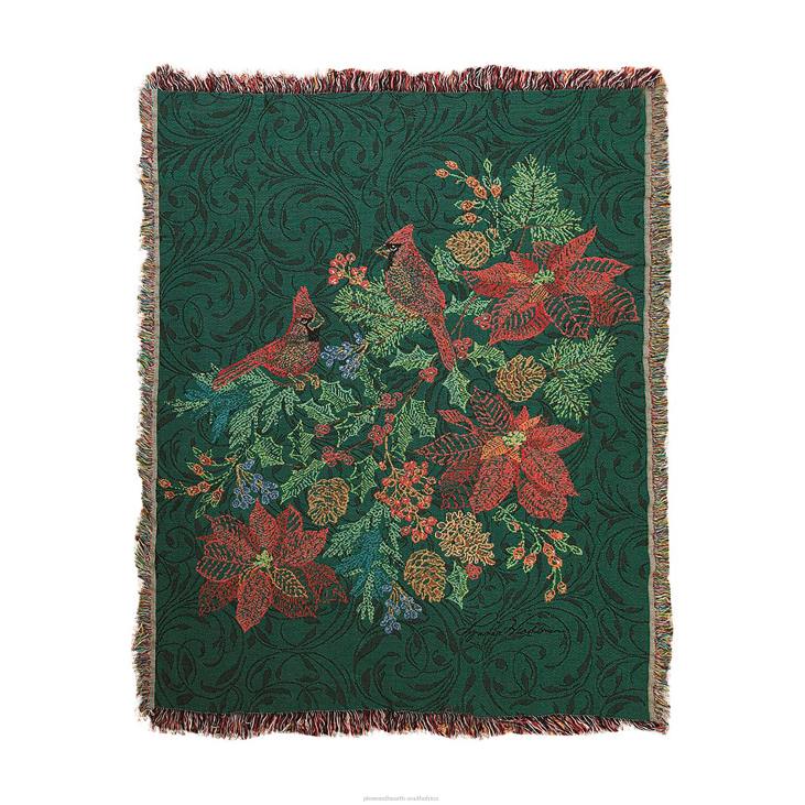 Houseware Plow & Hearth USA-Made Embroidered Cardinals and Poinsettias Cotton Tapestry Throw NFLB2689
