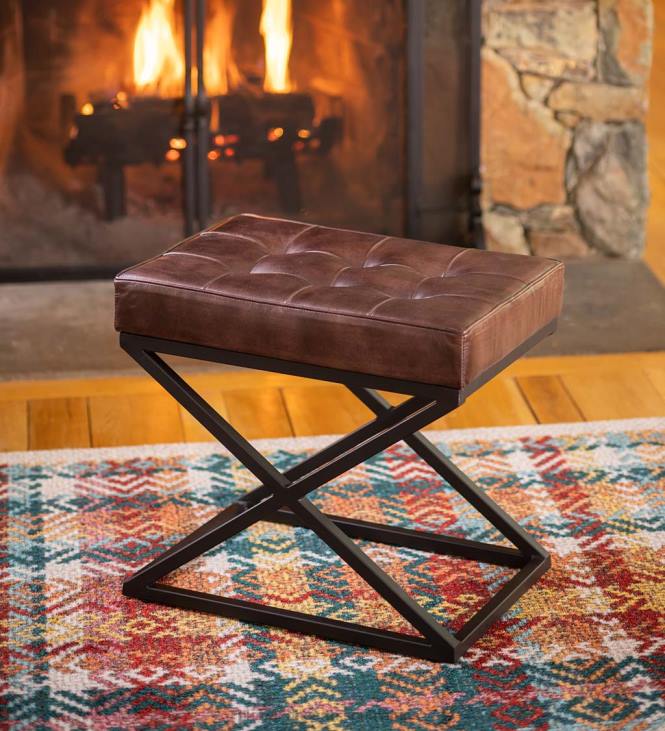 Houseware Plow & Hearth Henry Leather and Steel Ottoman - Dark Sienna NFLB2062