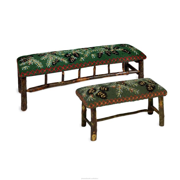Houseware Plow & Hearth Pine Cone Hand-Hooked Wool and Hickory Bench NFLB2070