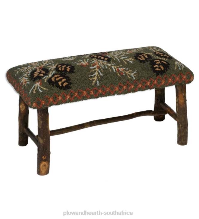 Houseware Plow & Hearth Pine Cone Hand-Hooked Wool and Hickory Bench NFLB2070