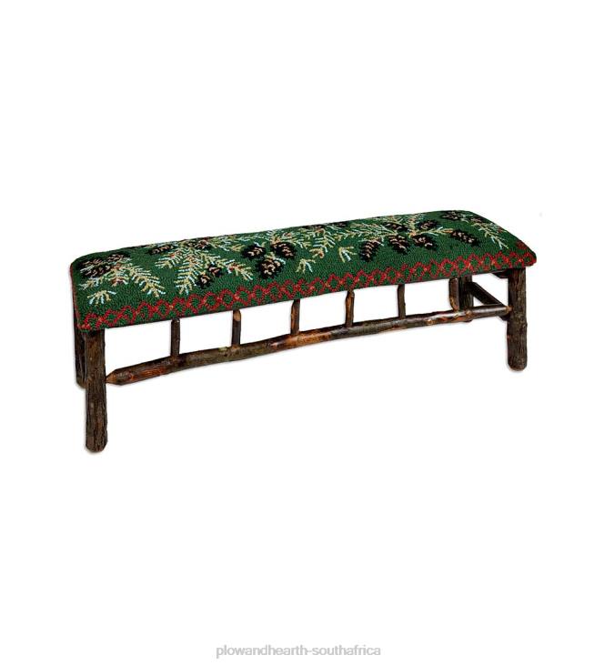 Houseware Plow & Hearth Pine Cone Hand-Hooked Wool and Hickory Bench NFLB2070