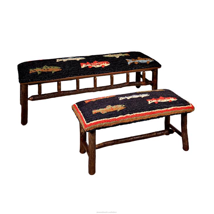 Houseware Plow & Hearth River Fish Hand-Hooked Wool and Hickory Bench NFLB2073