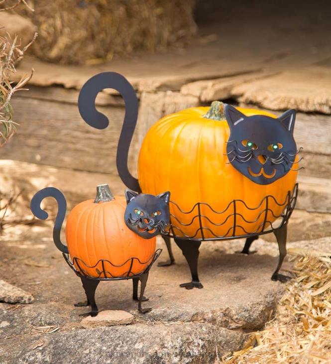 Houseware Plow & Hearth Halloween Cat Pumpkin Holders with Green LED Eyes, Set of 2 - Cat NFLB1480