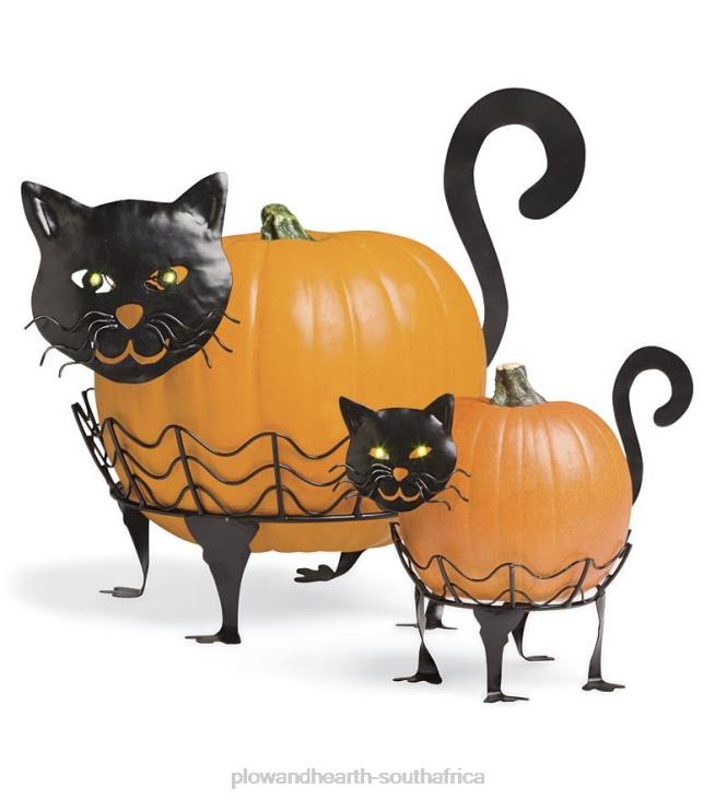 Houseware Plow & Hearth Halloween Cat Pumpkin Holders with Green LED Eyes, Set of 2 - Cat NFLB1480