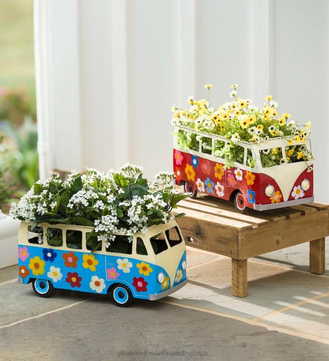 Houseware Plow & Hearth Vintage Style Flower Power Miniature Bus Garden Planter - Red NFLB1542