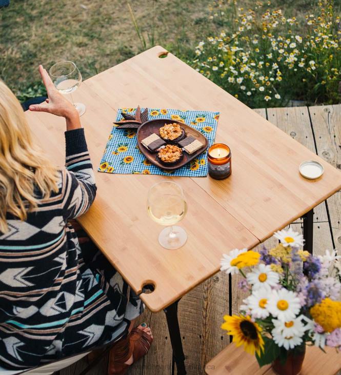 Houseware Plow & Hearth Bamboo Adjustable Height Folding Camp Table with Wine Glass Holders - Bamboo/Bronze NFLB1167