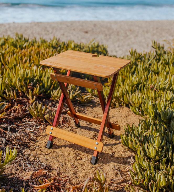 Houseware Plow & Hearth Bamboo Folding Camp Side Table with Wine Glass Holder - Bamboo/Bronze NFLB1176