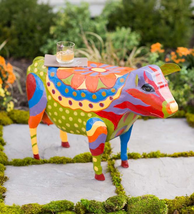 Houseware Plow & Hearth Handmade Colorful Painted Folk Art Cow Metal Side Table NFLB1111