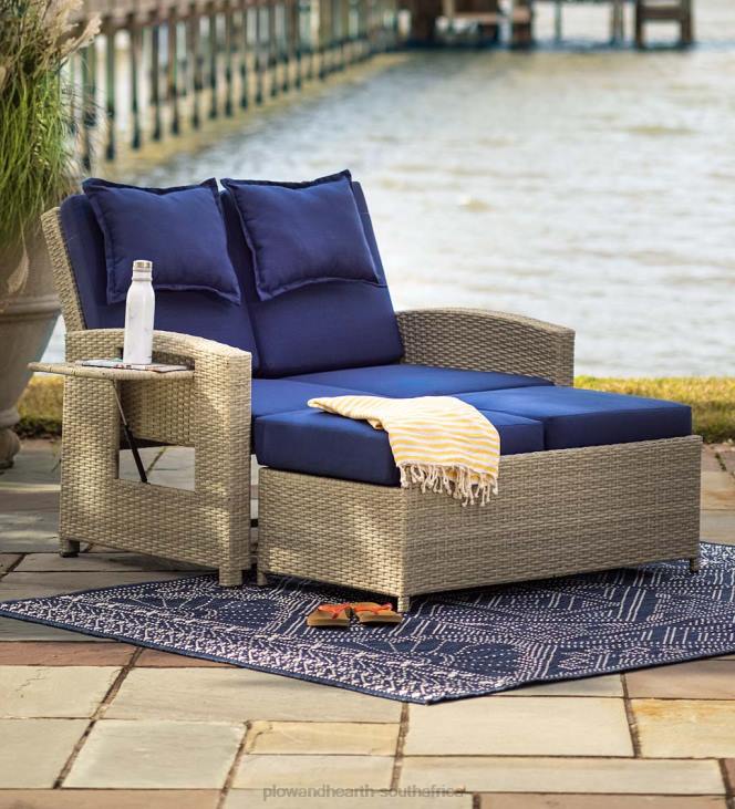 Houseware Plow & Hearth Multi-Functional Outdoor Wicker Love Seat Chaise Lounger with Navy Cushions NFLB1114