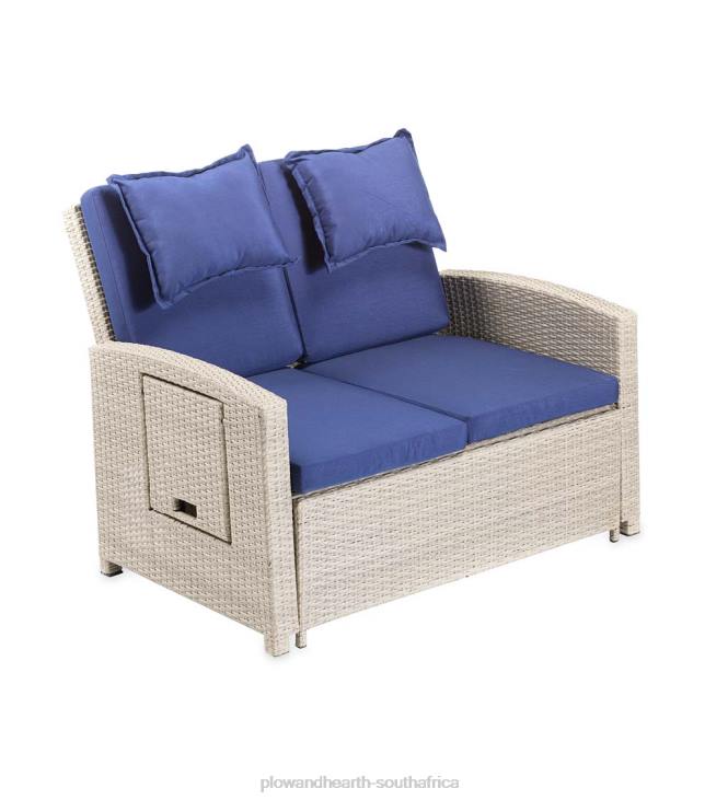 Houseware Plow & Hearth Multi-Functional Outdoor Wicker Love Seat Chaise Lounger with Navy Cushions NFLB1114