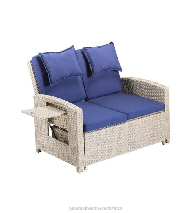 Houseware Plow & Hearth Multi-Functional Outdoor Wicker Love Seat Chaise Lounger with Navy Cushions NFLB1114