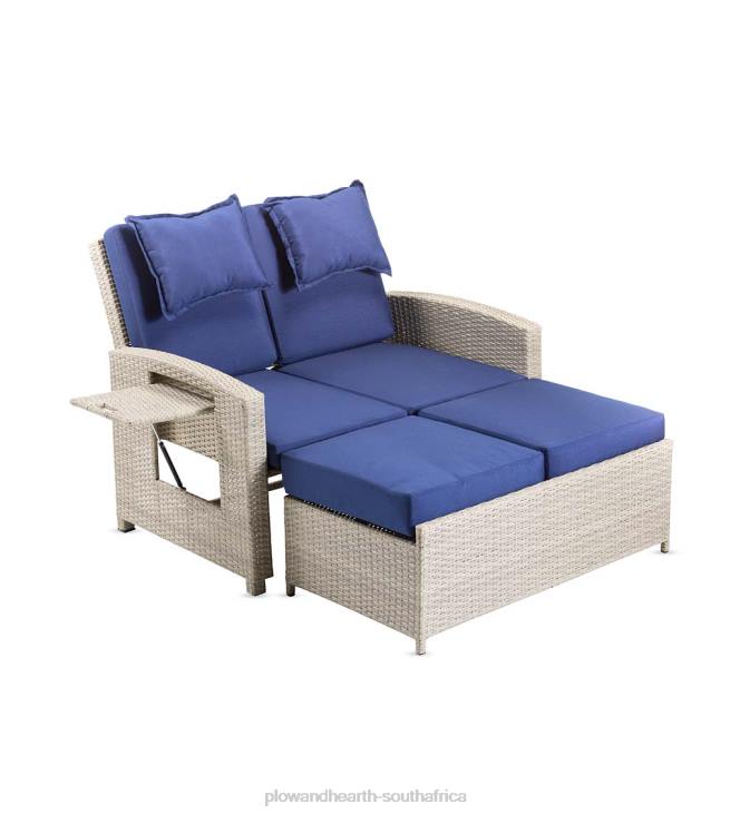 Houseware Plow & Hearth Multi-Functional Outdoor Wicker Love Seat Chaise Lounger with Navy Cushions NFLB1114