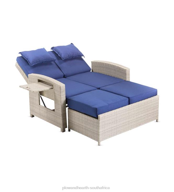 Houseware Plow & Hearth Multi-Functional Outdoor Wicker Love Seat Chaise Lounger with Navy Cushions NFLB1114