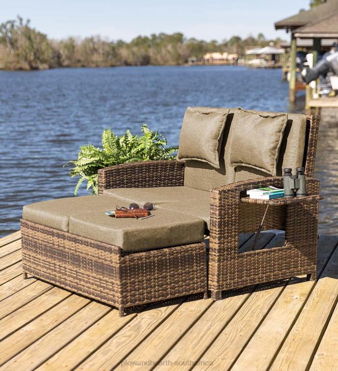 Houseware Plow & Hearth Multi-Functional Outdoor Wicker Love Seat Chaise Lounger with Taupe Cushions NFLB1083