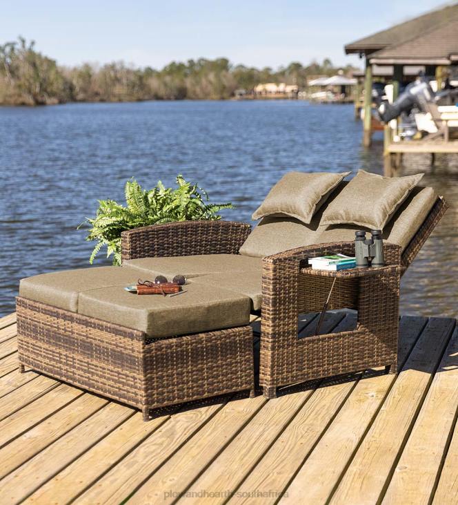 Houseware Plow & Hearth Multi-Functional Outdoor Wicker Love Seat Chaise Lounger with Taupe Cushions NFLB1083