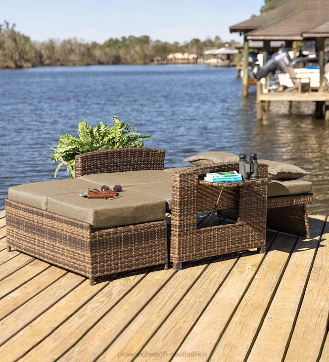 Houseware Plow & Hearth Multi-Functional Outdoor Wicker Love Seat Chaise Lounger with Taupe Cushions NFLB1083