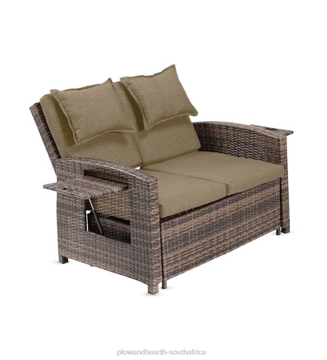 Houseware Plow & Hearth Multi-Functional Outdoor Wicker Love Seat Chaise Lounger with Taupe Cushions NFLB1083