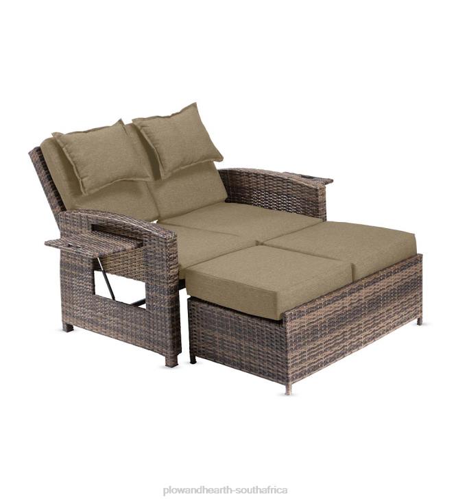 Houseware Plow & Hearth Multi-Functional Outdoor Wicker Love Seat Chaise Lounger with Taupe Cushions NFLB1083