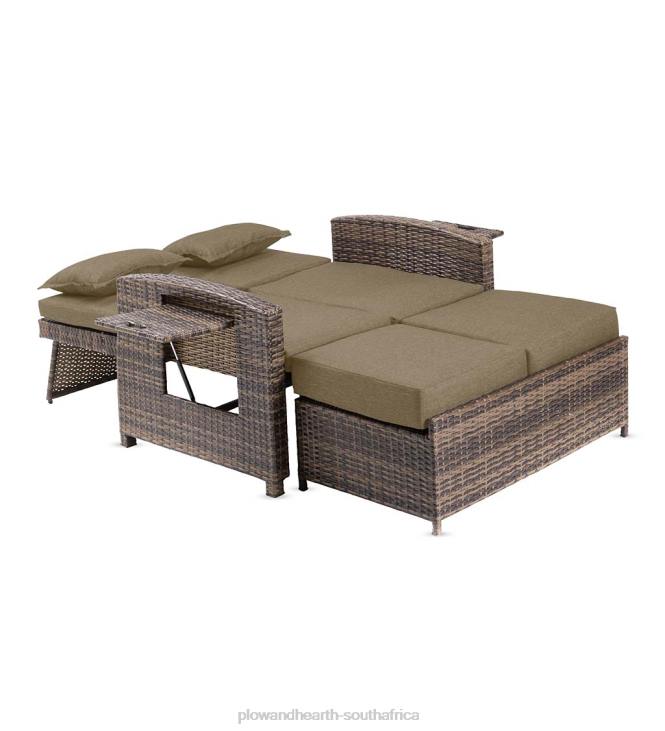 Houseware Plow & Hearth Multi-Functional Outdoor Wicker Love Seat Chaise Lounger with Taupe Cushions NFLB1083
