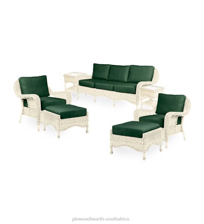 Houseware Plow & Hearth Prospect Hill Outdoor Wicker Deep Seating Sofa Set with Cushions - Cloud White with Forest Green Cushions NFLB1078