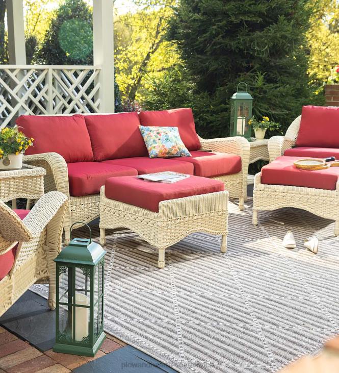 Houseware Plow & Hearth Prospect Hill Outdoor Wicker Deep Seating Sofa Set with Cushions - Cloud White with Forest Green Cushions NFLB1078