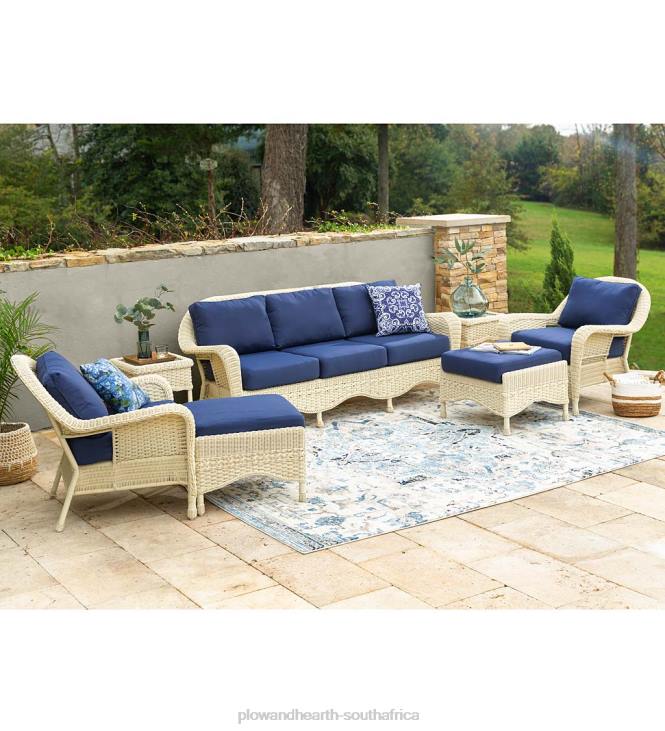 Houseware Plow & Hearth Prospect Hill Outdoor Wicker Deep Seating Sofa Set with Cushions - Cloud White with Forest Green Cushions NFLB1078