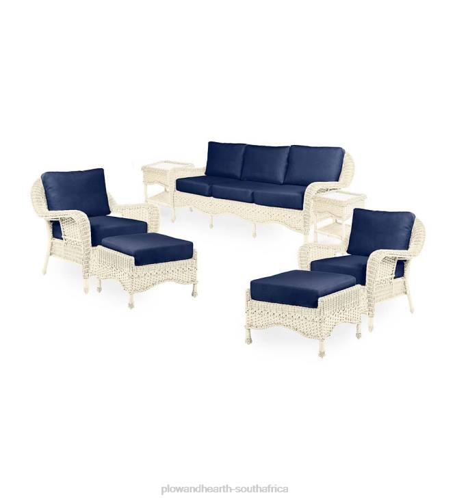 Houseware Plow & Hearth Prospect Hill Outdoor Wicker Deep Seating Sofa Set with Cushions - Cloud White with Forest Green Cushions NFLB1078