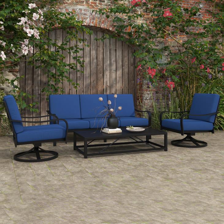 Houseware Plow & Hearth Waverly 4-Piece Sofa Set with Cushions - Black with Blue Cushions NFLB1170