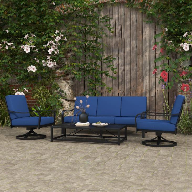 Houseware Plow & Hearth Waverly 4-Piece Sofa Set with Cushions - Black with Blue Cushions NFLB1170