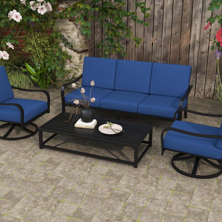 Houseware Plow & Hearth Waverly 4-Piece Sofa Set with Cushions - Black with Blue Cushions NFLB1170
