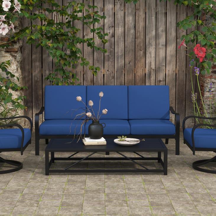 Houseware Plow & Hearth Waverly 4-Piece Sofa Set with Cushions - Black with Blue Cushions NFLB1170