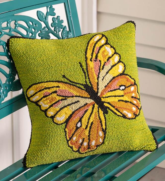 Houseware Plow & Hearth Indoor/Outdoor Green Butterfly Hand Hooked Polypropylene Throw Pillow NFLB1265