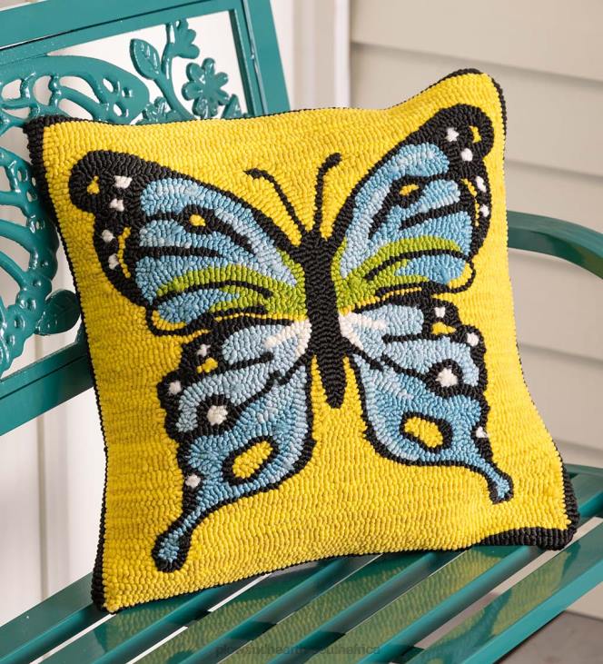 Houseware Plow & Hearth Indoor/Outdoor Yellow Butterfly Hooked Polypropylene Throw Pillow NFLB1269