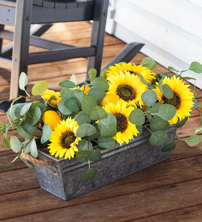 Houseware Plow & Hearth Faux Sunflower, Lemon and Eucalyptus Floral Arrangement in Planter NFLB2426