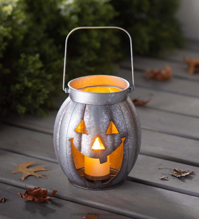 Houseware Plow & Hearth Halloween Pumpkin Metal Lantern with Flickering LED Candle - Silver NFLB2423