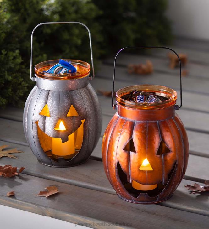 Houseware Plow & Hearth Halloween Pumpkin Metal Lantern with Flickering LED Candle - Silver NFLB2423